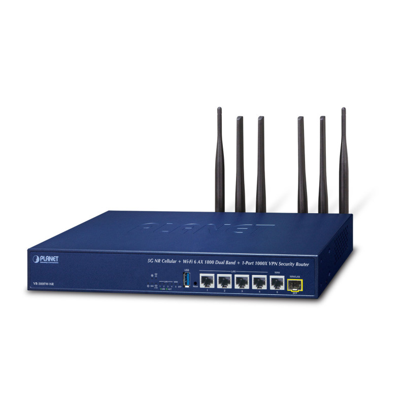 PLANET 5G NR Cellular + Wi-Fi 6 routeur sans fil Gigabit Ethernet Bi-bande (2,4 GHz / 5 GHz) Bleu PLANET 5G NR Cellular + Wi-Fi 6 routeur sans fil Gigabit Ethernet Bi-bande (2,4 GHz / 5 GHz) Bleu